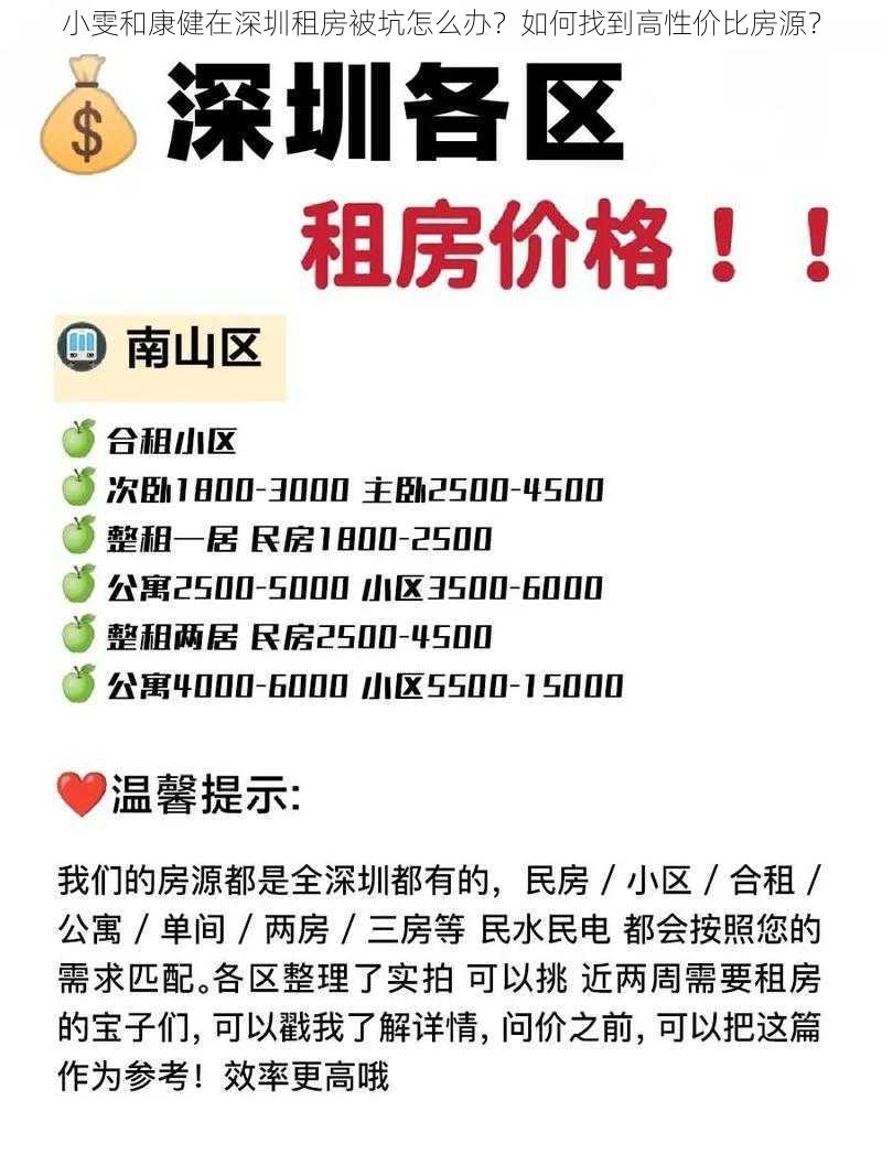 小雯和康健在深圳租房被坑怎么办？如何找到高性价比房源？